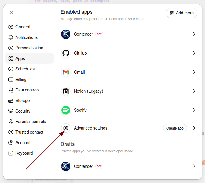 Intră în Advanced settings — captură de ecran ChatGPT